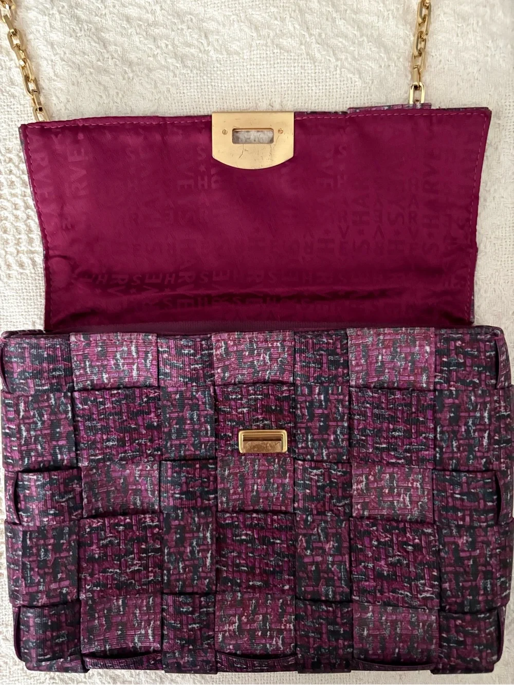 Plum Quilted Tweed Crossbody Bag with Gold-Tone Chain Strap